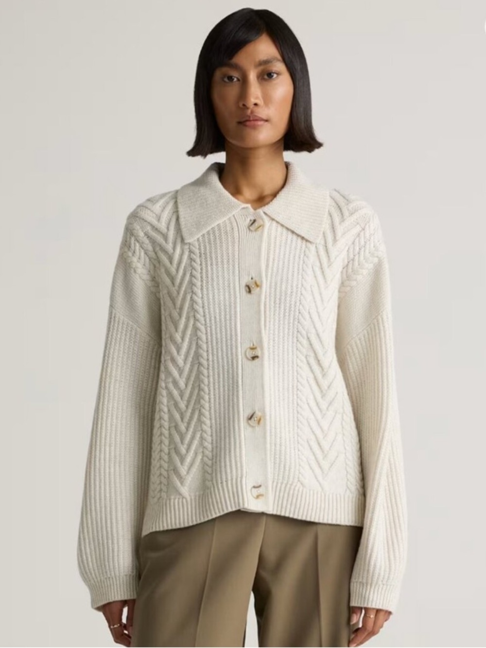 Quince Sz S Australian Merino Wool Collared Heather Bone Cable Cardigan